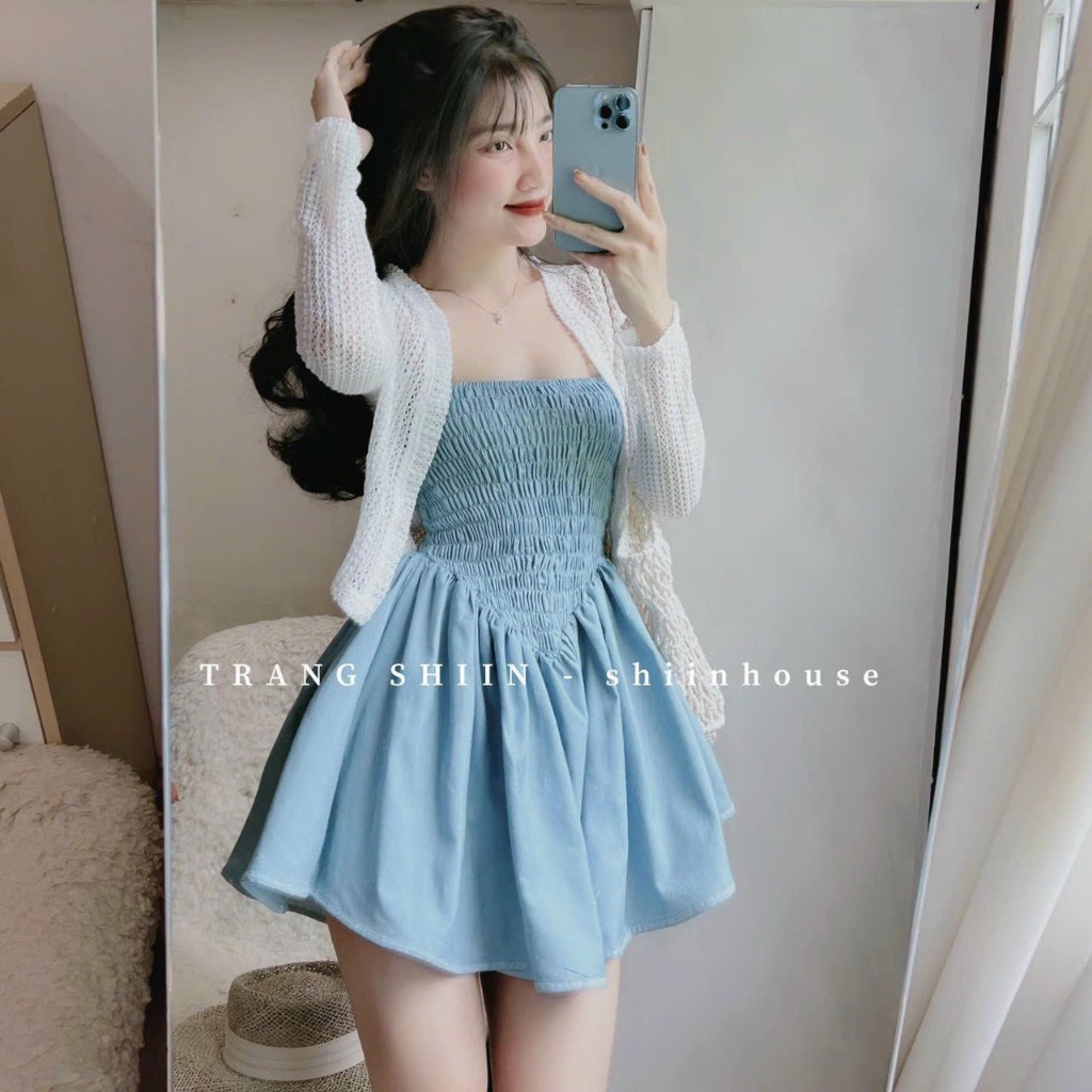 Sét váy jean cúp ngực phối khoác ren xinh xắn