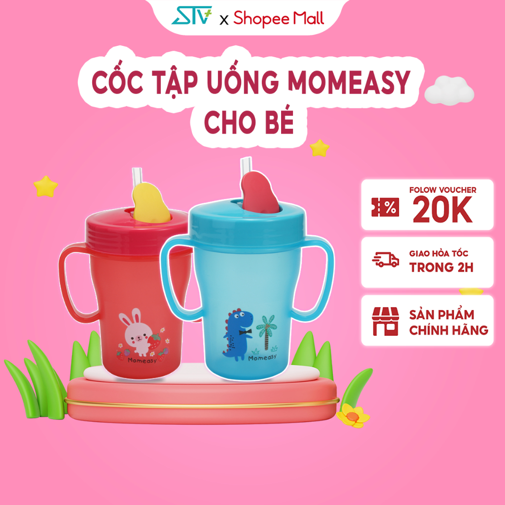 Cốc Tập Uống, Tập Hút Momeasy Tay Cầm 2 Họa Tiết Đáng Yêu 180ML Cho Bé