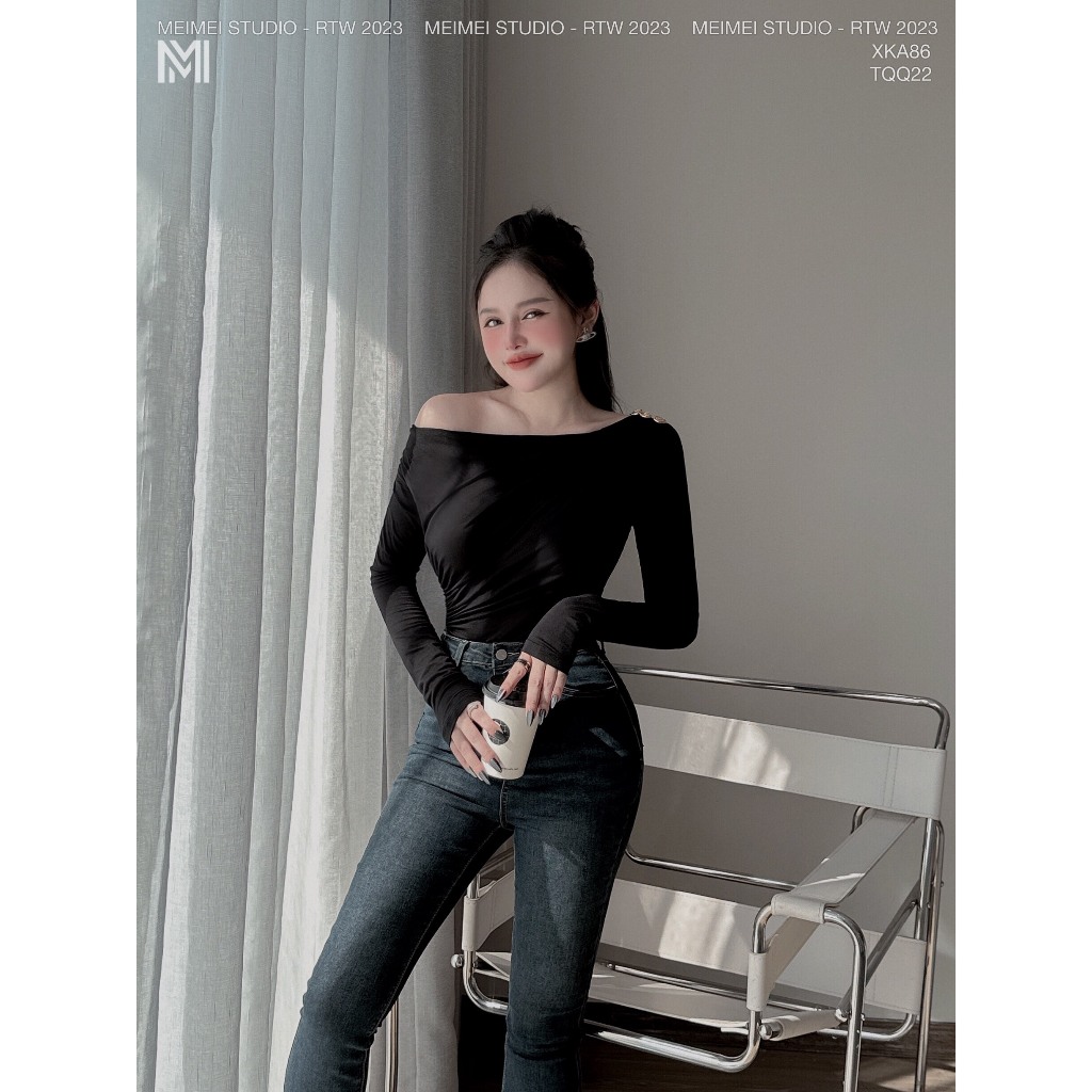 Áo thun dúm sườn, vai đính khuy, dài tay, dáng ôm, vải co giãn thoải mái, phong cách Hàn Quốc | XKA86 | Meimei Studio