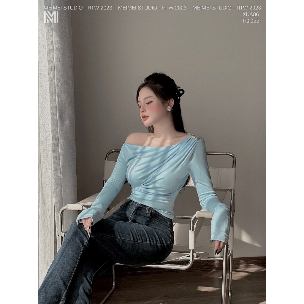 Áo thun dúm sườn, vai đính khuy, dài tay, dáng ôm, vải co giãn thoải mái, phong cách Hàn Quốc | XKA86 | Meimei Studio