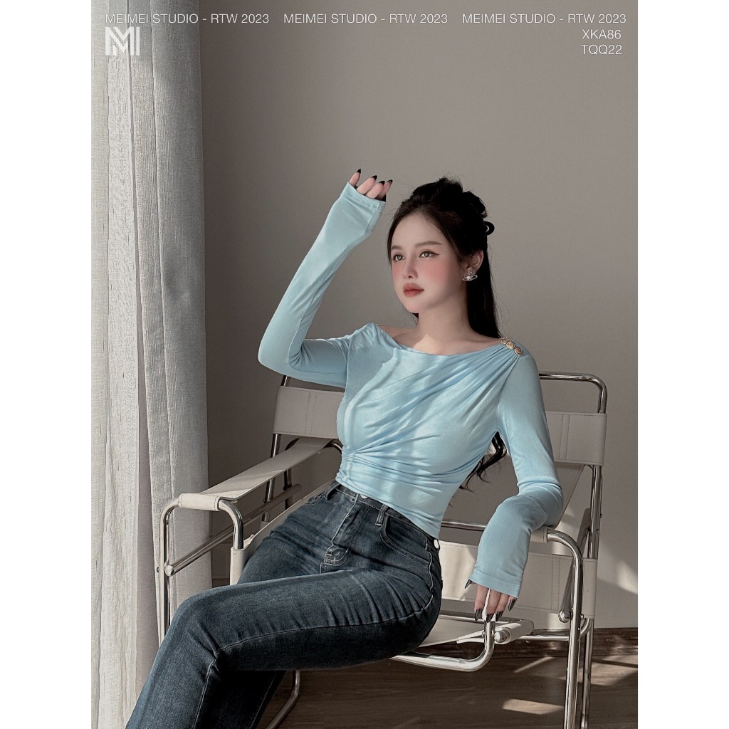 Áo thun dúm sườn, vai đính khuy, dài tay, dáng ôm, vải co giãn thoải mái, phong cách Hàn Quốc | XKA86 | Meimei Studio