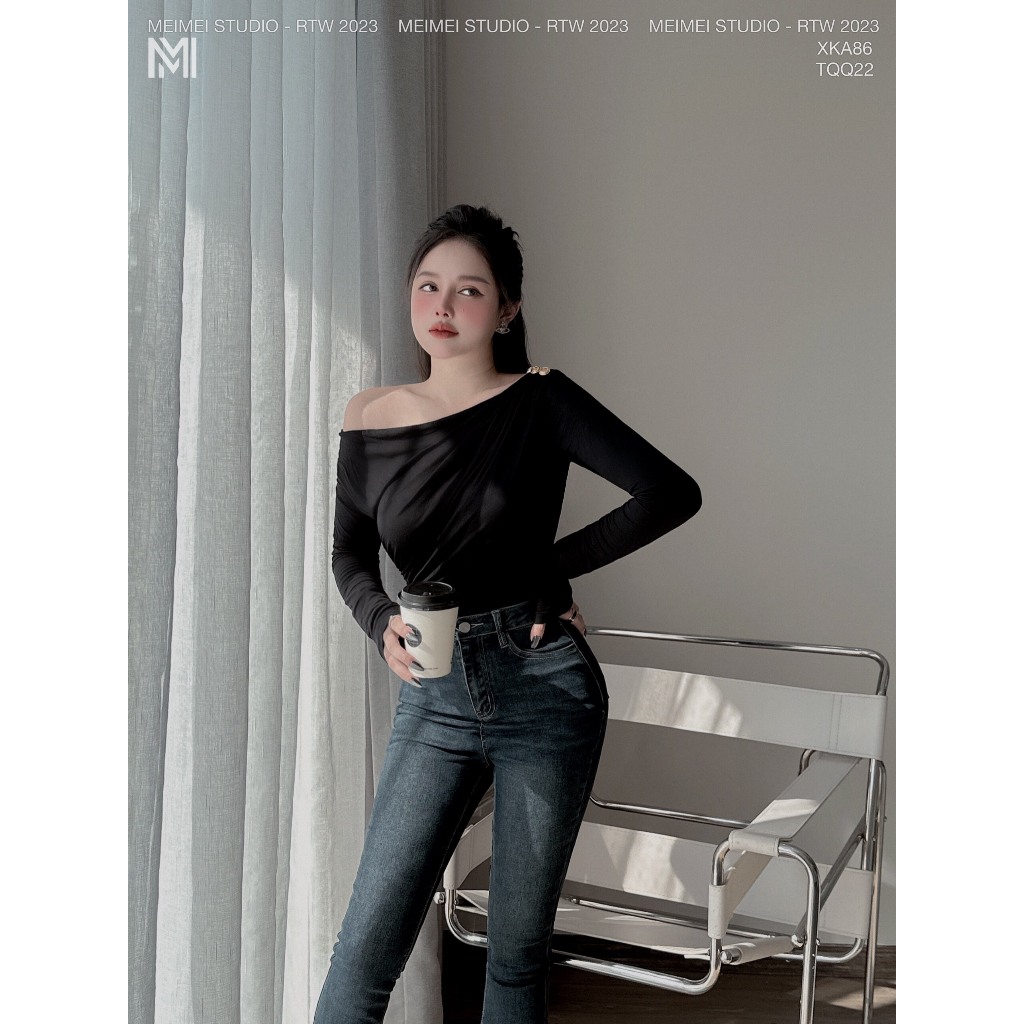 Áo thun dúm sườn, vai đính khuy, dài tay, dáng ôm, vải co giãn thoải mái, phong cách Hàn Quốc | XKA86 | Meimei Studio