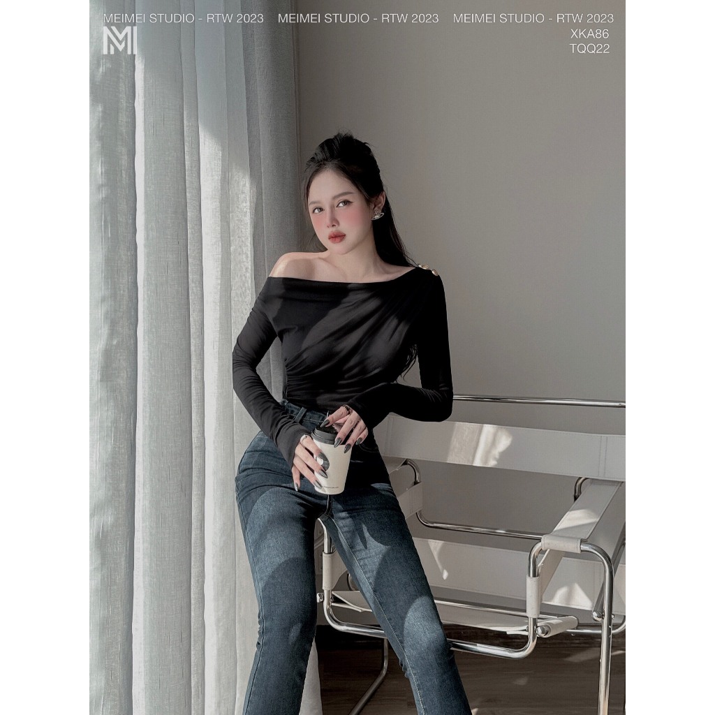 Áo thun dúm sườn, vai đính khuy, dài tay, dáng ôm, vải co giãn thoải mái, phong cách Hàn Quốc | XKA86 | Meimei Studio