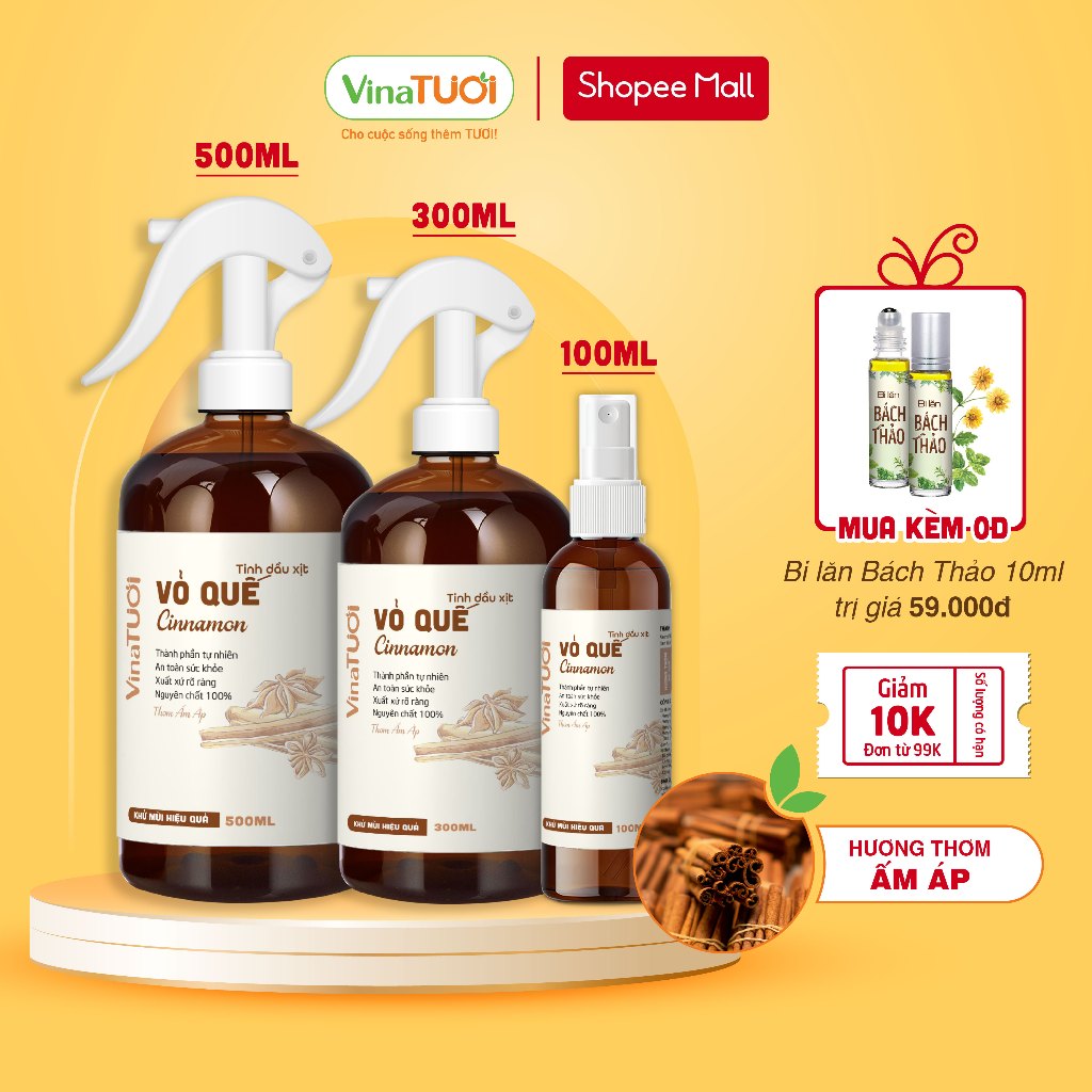 Bình Xịt Tinh Dầu Quế Nguyên Chất Khử Mùi Khử Khuẩn Thơm Phòng VINA TƯƠI 100ml/500ml Hương Thơm Ấm Áp