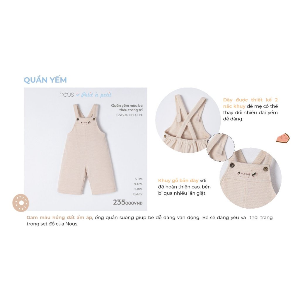Quần yếm Nous thêu họa tiết dễ dương dành cho bé trai, bé gái từ 6-9 tháng đến 12-18 tháng
