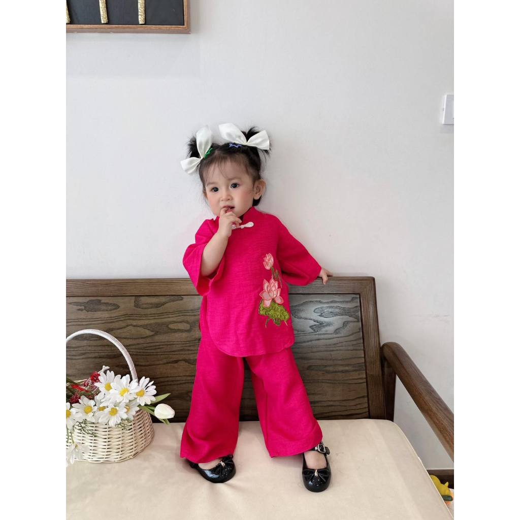 Bộ bà ba hoa sen, mẫu áo bà ba đẹp Tết 2024 cho bé gái 6-24kg - ảnh thật