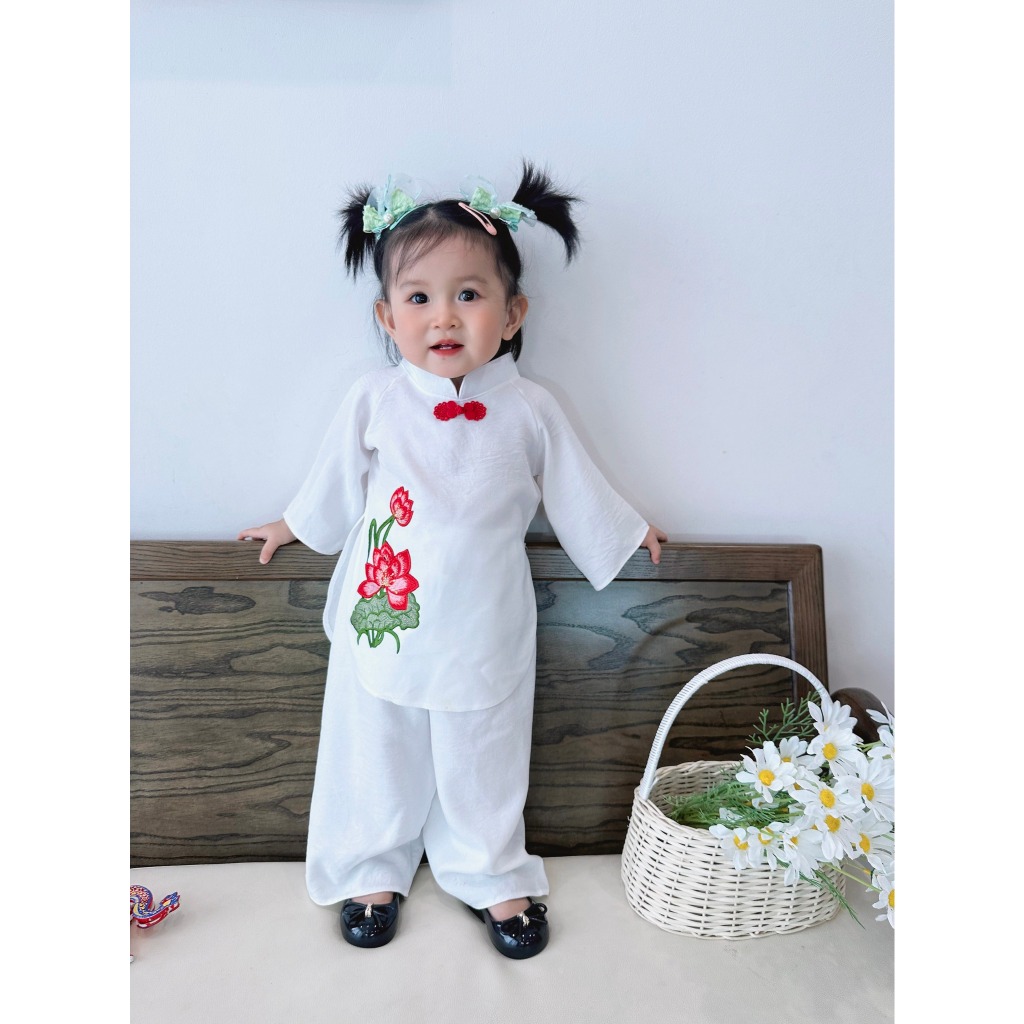 Bộ bà ba hoa sen, mẫu áo bà ba đẹp Tết 2024 cho bé gái 6-24kg - ảnh thật