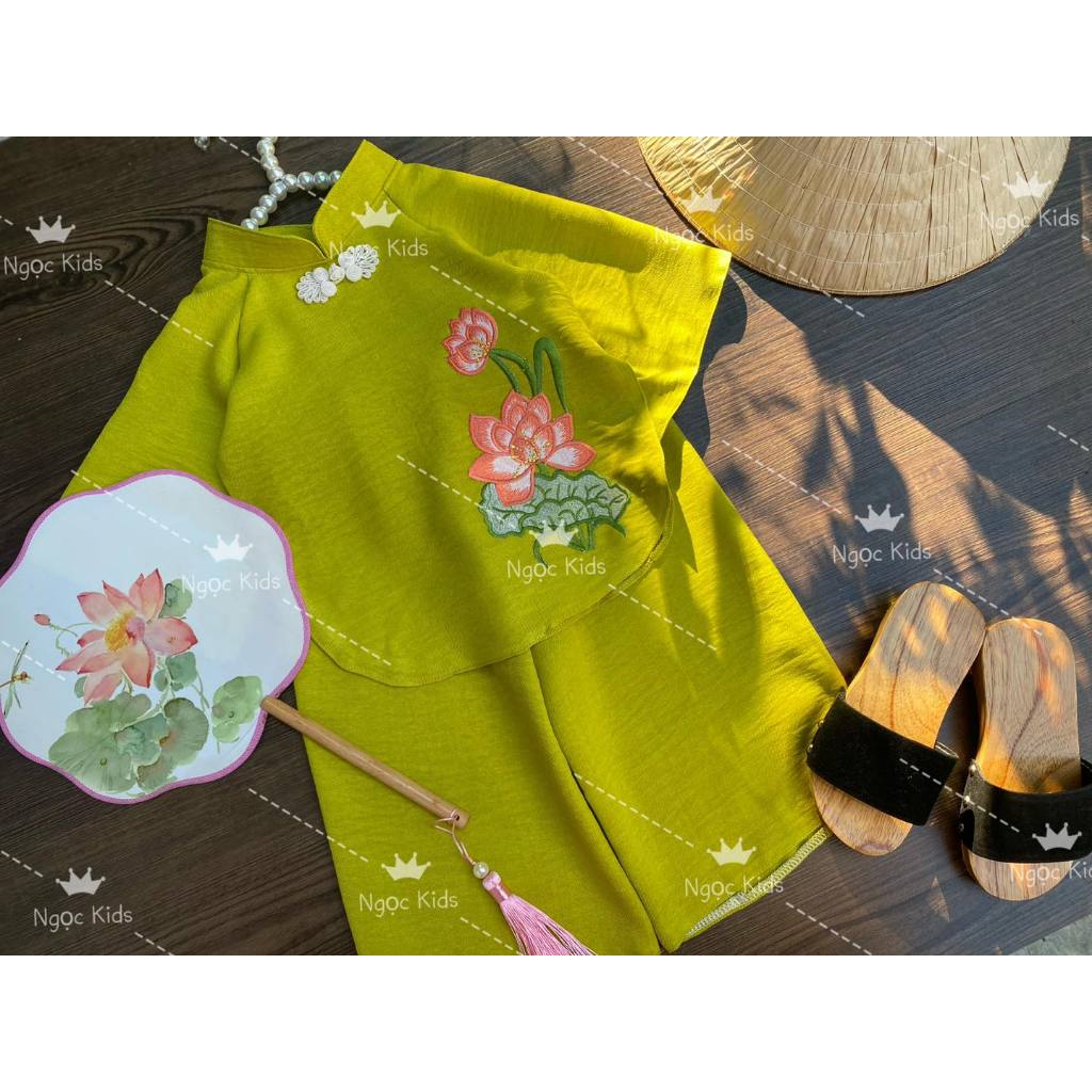 Bộ bà ba hoa sen, mẫu áo bà ba đẹp Tết 2024 cho bé gái 6-24kg - ảnh thật
