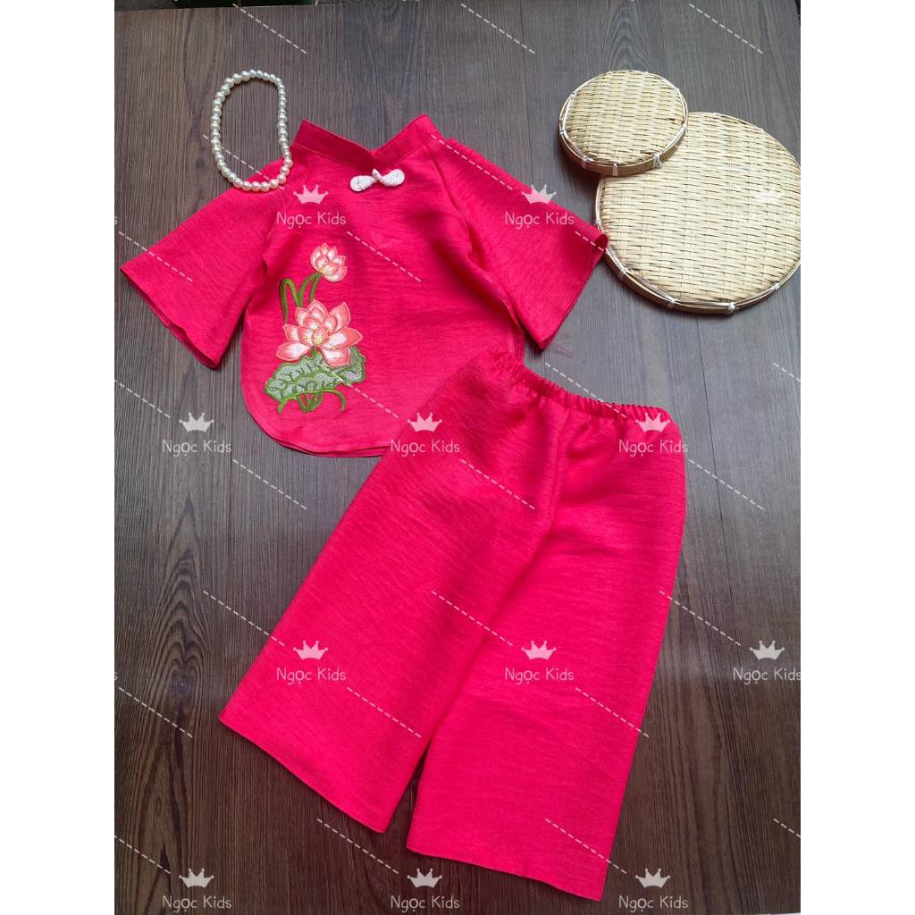 Bộ bà ba hoa sen, mẫu áo bà ba đẹp Tết 2024 cho bé gái 6-24kg - ảnh thật