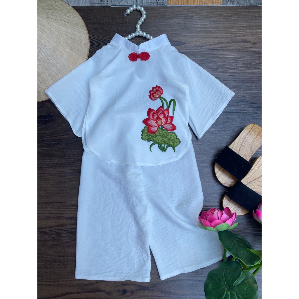 Bộ bà ba hoa sen, mẫu áo bà ba đẹp Tết 2024 cho bé gái 6-24kg - ảnh thật