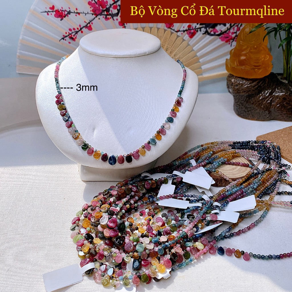 Vòng cổ đá Tourmaline tự nhiên, dây chuyền đá phong thủy hợp tất cả các mệnh
