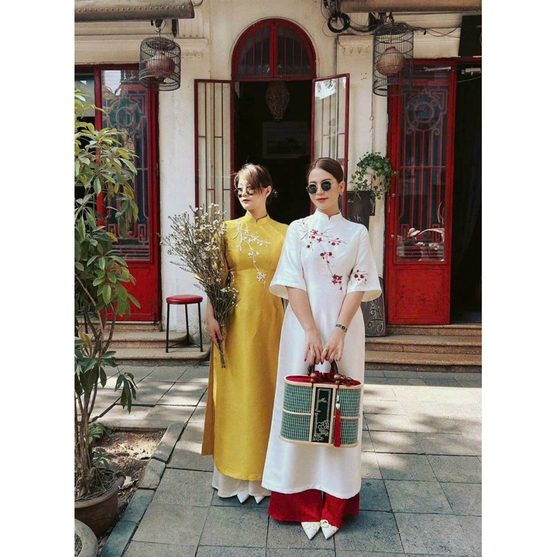 Áo dài cách tân tafta ruy băng tay loe sang chảnh