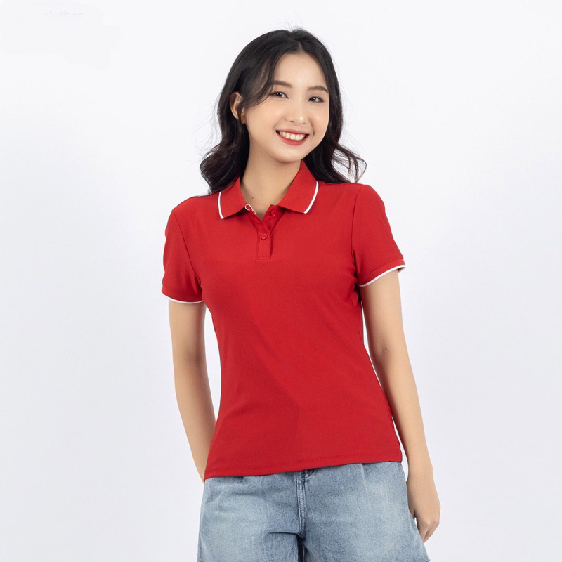 Áo Thun Polo Đồng Phục Màu Đỏ Tươi Phối Sọc Trắng