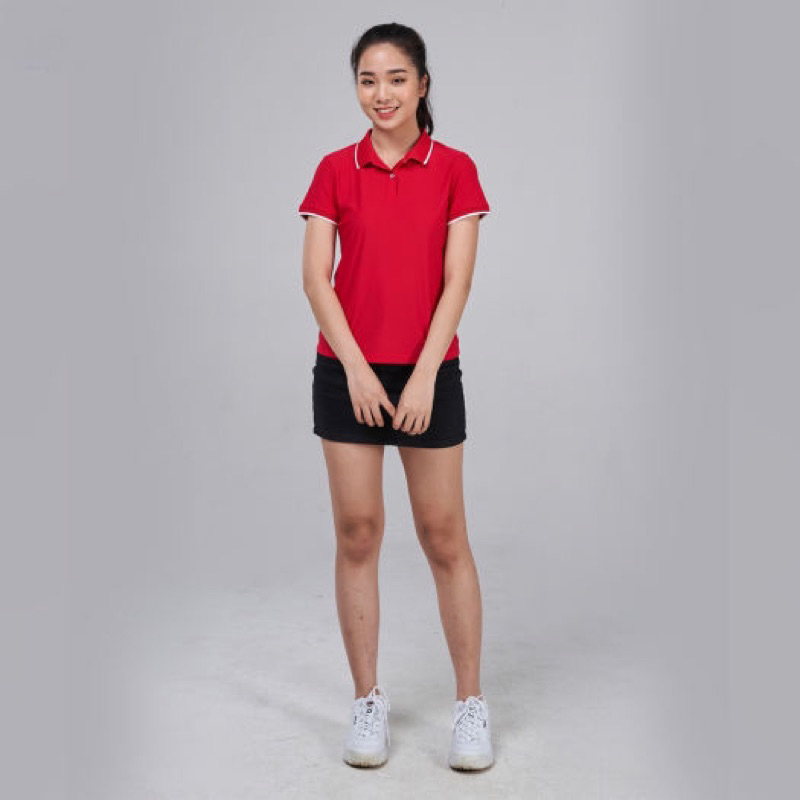 Áo Thun Polo Đồng Phục Màu Đỏ Tươi Phối Sọc Trắng