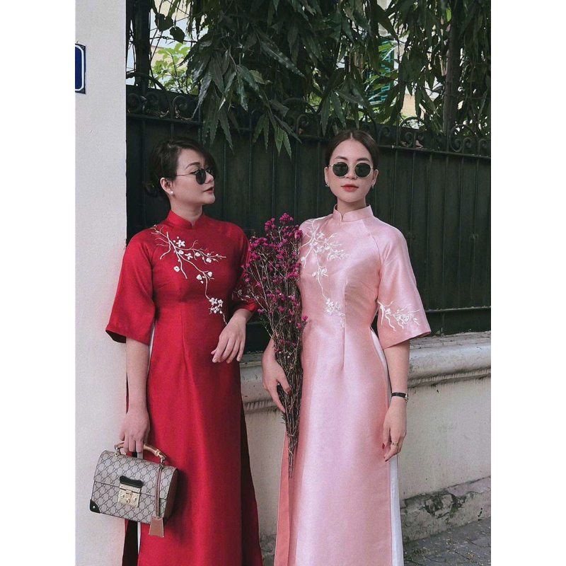 Áo dài cách tân tafta ruy băng tay loe sang chảnh