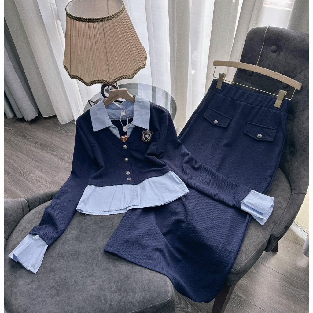 Set áo pha sơmi dài tay kèm chân váy dài tiểu thư KAB