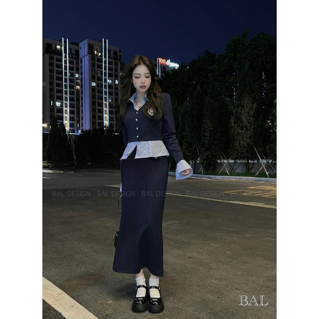 Set áo pha sơmi dài tay kèm chân váy dài tiểu thư KAB