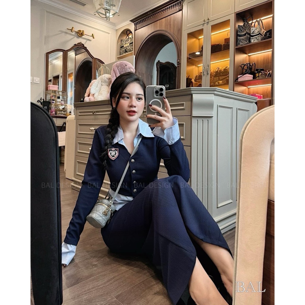 Set áo pha sơmi dài tay kèm chân váy dài tiểu thư KAB