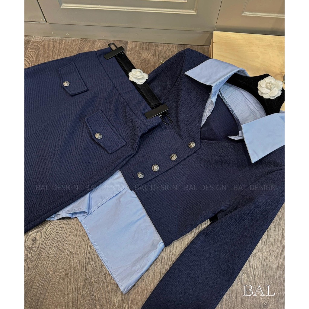 Set áo pha sơmi dài tay kèm chân váy dài tiểu thư KAB