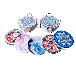 [20+Chủ Đề] Bộ Đế Lót Ly Kèm Giá Đỡ, Miếng Lót Cốc Kèm Khay Bằng Gốm Thấm Nước Làm Quà Tặng