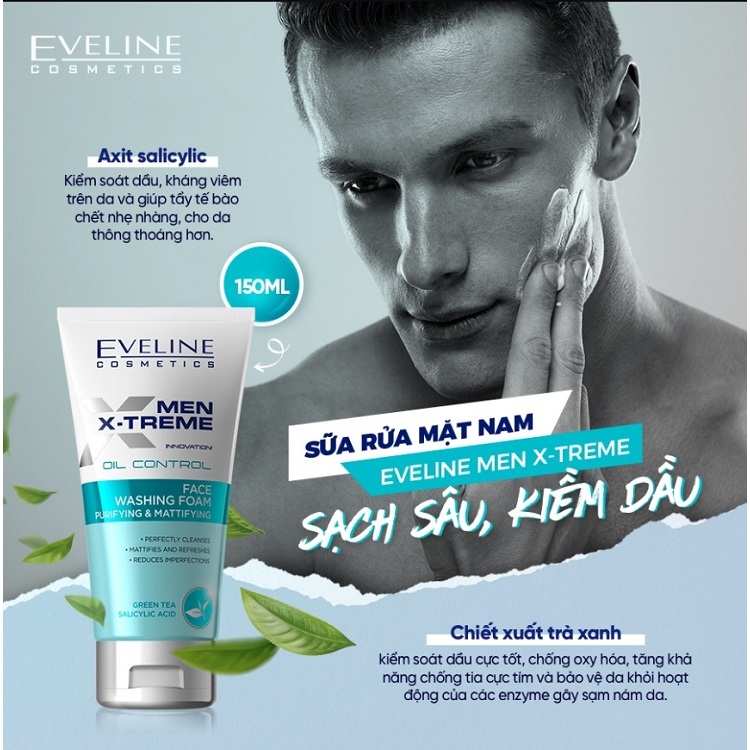 Sữa rửa mặt nam Eveline Men X-treme sạch sâu, kiềm dầu 150ML