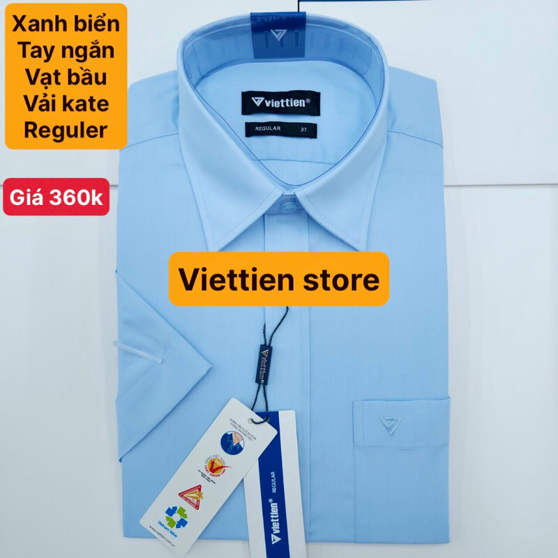 áo sơ mi việt tiến xanh biển trơn ngắn tay vải kate