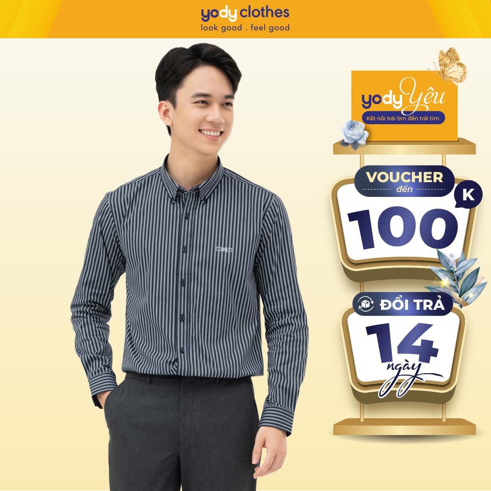 Áo sơ mi nam áo công sở YODY dài tay in chữ trước ngực áo cổ bẻ kẻ sọc SMM6019