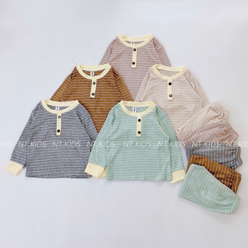 Bộ dài tay thu đông, Bộ tăm gân lạnh kẻ Hàn Quốc nhiều màu cho bé trai, bé gái từ 6 đến 15kg