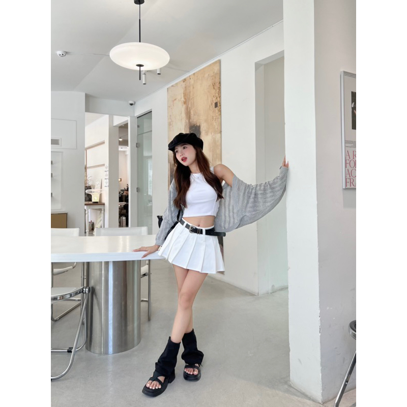 TÁCH SET CHÂN VÁY Y2K XẾP LY NGẮN TRƠN ĐEN / TRẮNG