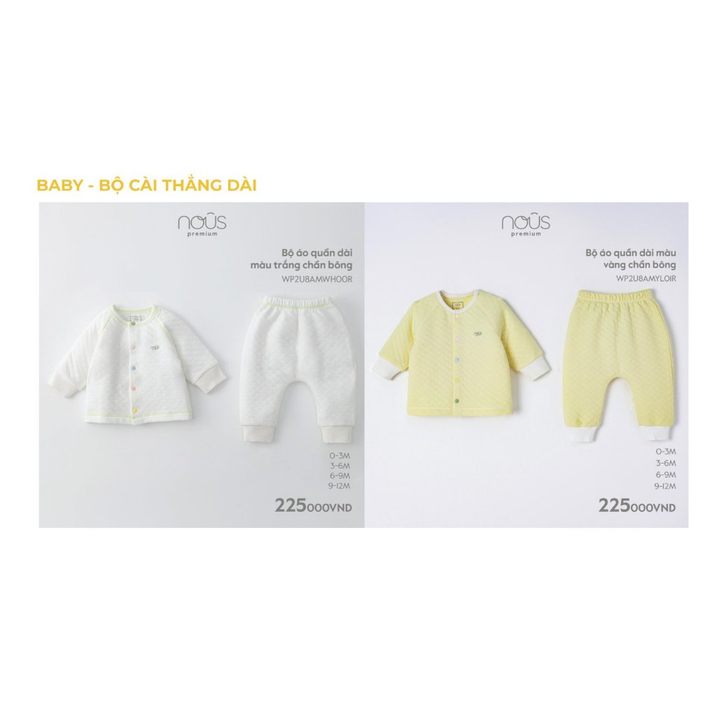 Bộ quần áo dài tay Nous màu vàng chần bông chất liệu mềm mại cho bé từ 9-12 tháng đến 2-3 tuổi