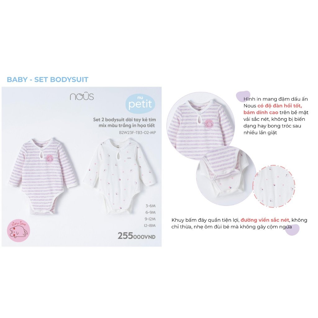 Set 2 bodysuit dài tay Nous bé gái, bé trai phối nhiều màu dễ thương cho bé từ 3-6 tháng đến 9-12 tháng
