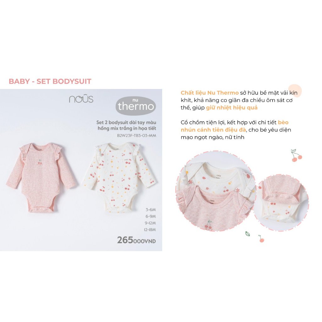 Set 2 bodysuit dài tay Nous bé gái, bé trai phối nhiều màu dễ thương cho bé từ 3-6 tháng đến 9-12 tháng