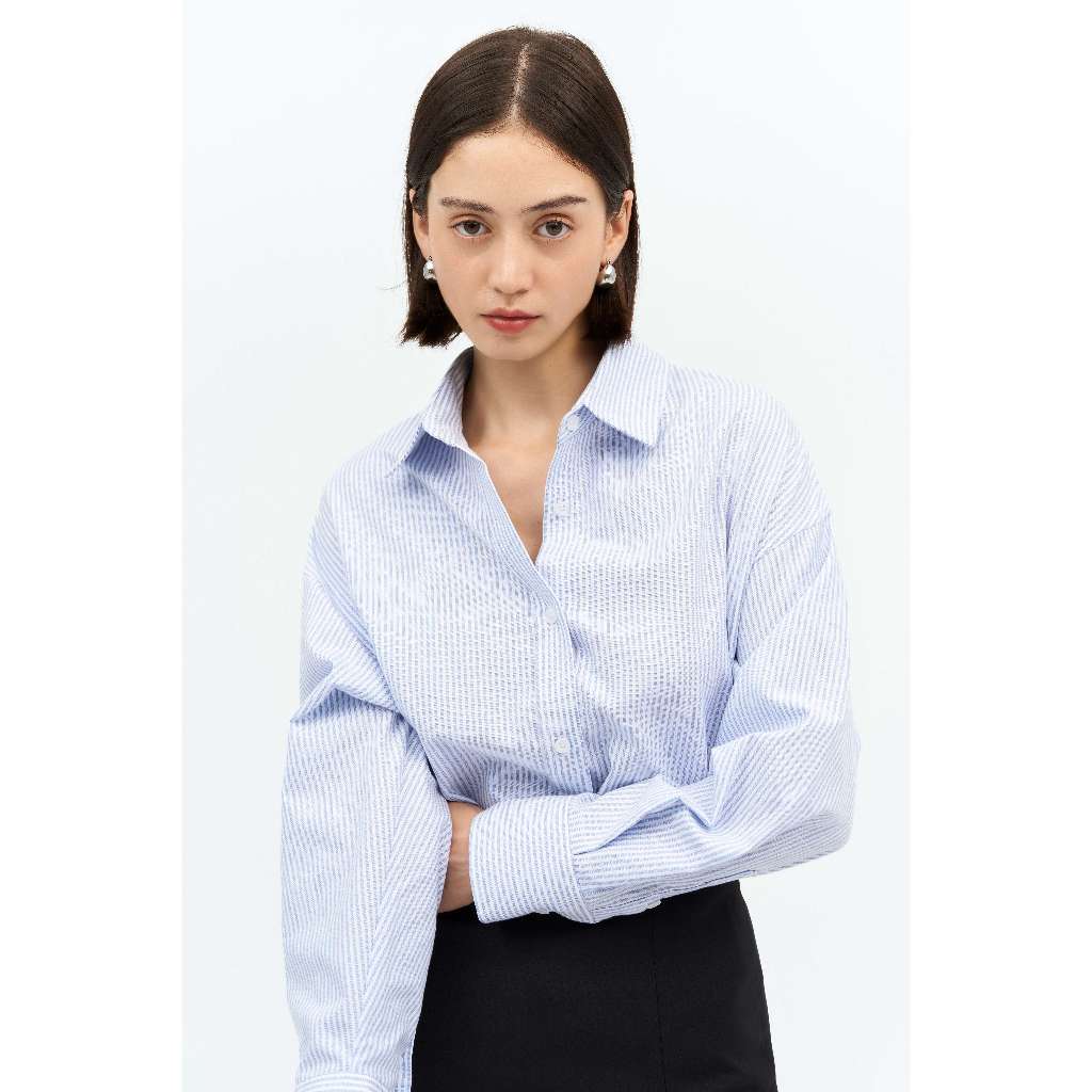 Áo sơ mi nữ MONOTALK dài tay dáng oversized chất oxford Kẻ Sọc T10001FT