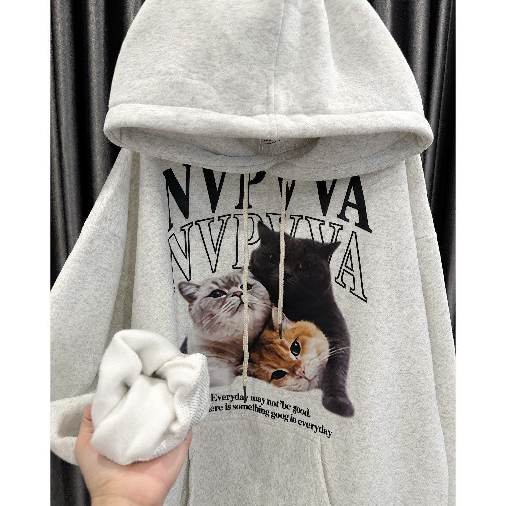 Áo Hoodie Nữ Nỉ Bông Form Rộng Nam Nữ Unisex Oversize In Con Mèo - HD08