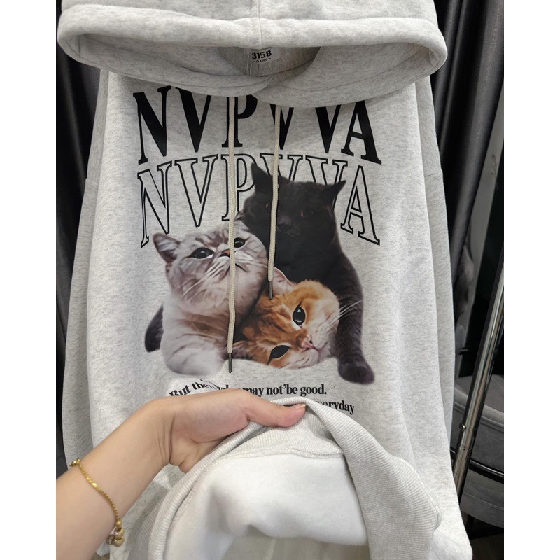 Áo Hoodie Nữ Nỉ Bông Form Rộng Nam Nữ Unisex Oversize In Con Mèo - HD08