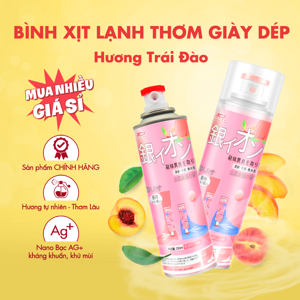 Chai xịt khử mùi giày dép Nano Bạc hương trái đào diệt khuẩn Shoes 2h 1 lọ 260ml, làm thơm tủ giày, quần áo, tất vớ chân