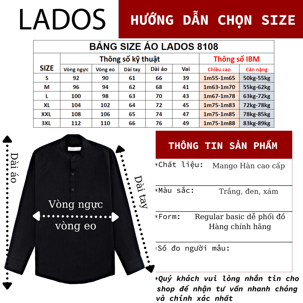 Áo sơ mi nam dài tay cổ trụ style Hàn Quốc LADOS- 8108 vải đũi, thời trang