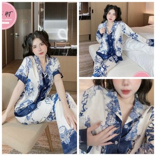 Đồ bộ mặc nhà họa tiết Hoa sang đẹp phong cách quảng châu - chất lụa Xước freesize