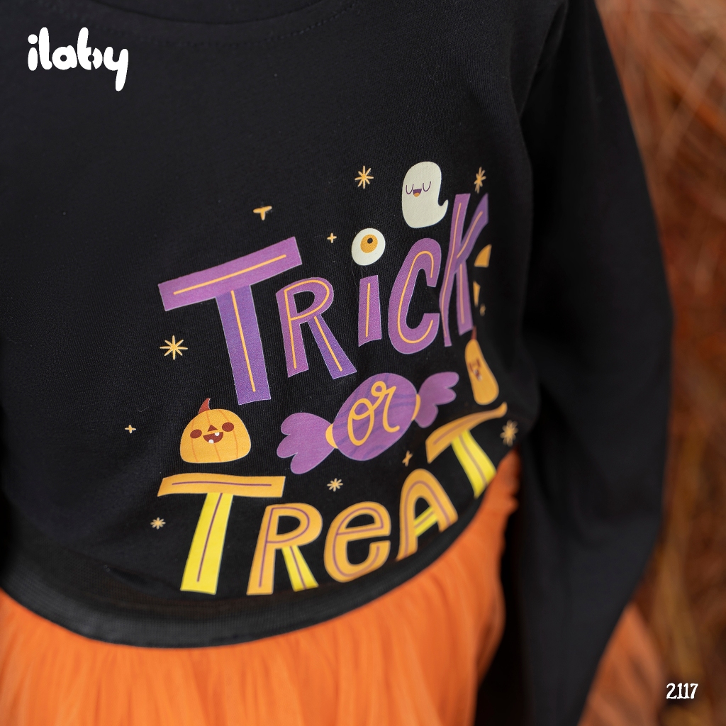 Set áo chân váy halloween bé gái ILABY áo in hình kèm chân váy hoá trang bí ngô chất liệu thun cotton cãn phối tutu mêm