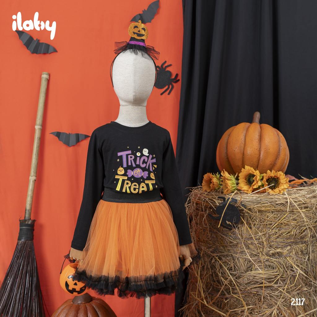 Set áo chân váy halloween bé gái ILABY áo in hình kèm chân váy hoá trang bí ngô chất liệu thun cotton cãn phối tutu mêm