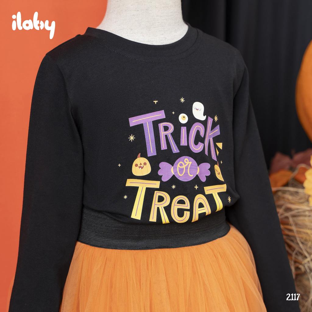 Set áo chân váy halloween bé gái ILABY áo in hình kèm chân váy hoá trang bí ngô chất liệu thun cotton cãn phối tutu mêm