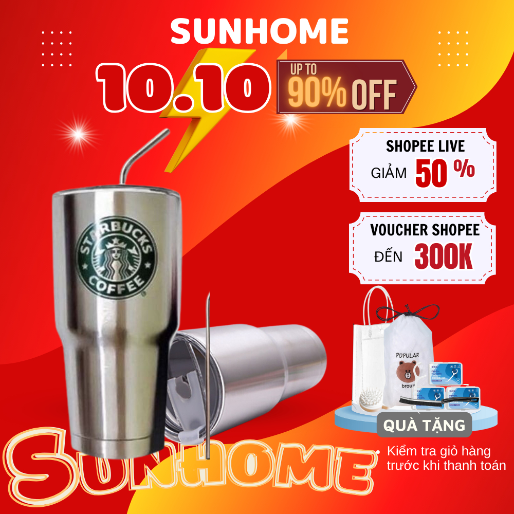 LY GIỮ NHIỆT LOGO STARBUCK nắp chống tràn tặng kèm với ống hút inox + túi giữ nhiệt và dụng cụ cọ rửa