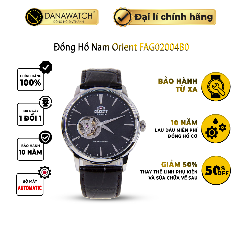 Đồng hồ nam Orient FAG02004B0 chính hãng mạ bạc phần gờ cùng dây da đen thiết kế phong cách cổ điển lịch lãm