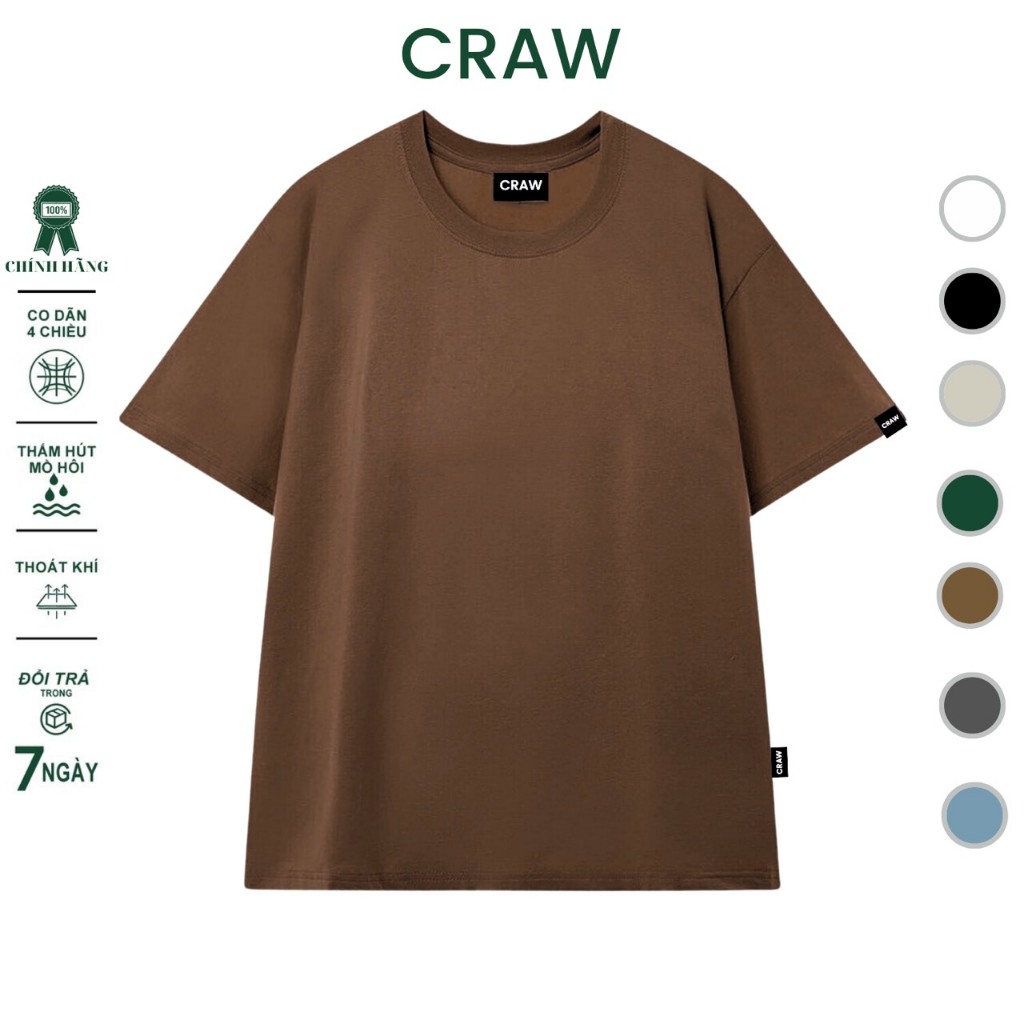 Áo thun tay lỡ CRAW phông unisex nam nữ vải coton mềm mịn, co dãn Oversize form rộng - Craw 0089 Trơn