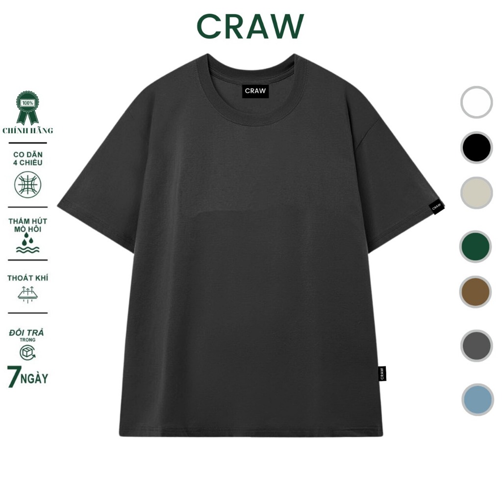 Áo thun tay lỡ CRAW phông unisex nam nữ vải coton mềm mịn, co dãn Oversize form rộng - Craw 0089 Trơn