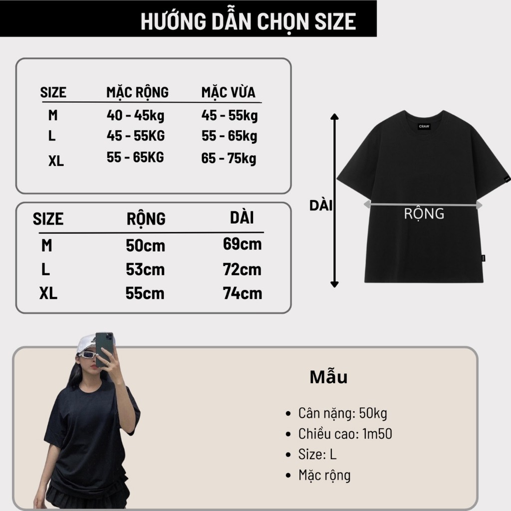 Áo thun tay lỡ CRAW phông unisex nam nữ vải coton mềm mịn, co dãn Oversize form rộng - Craw 0089 Trơn