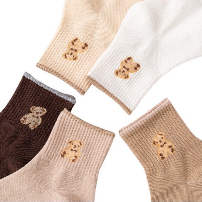 TD55T Set 5 Đôi Tất Gấu Nâu Cao Cổ Phong Cách Vintage