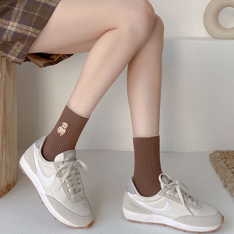 TD55T Set 5 Đôi Tất Gấu Nâu Cao Cổ Phong Cách Vintage