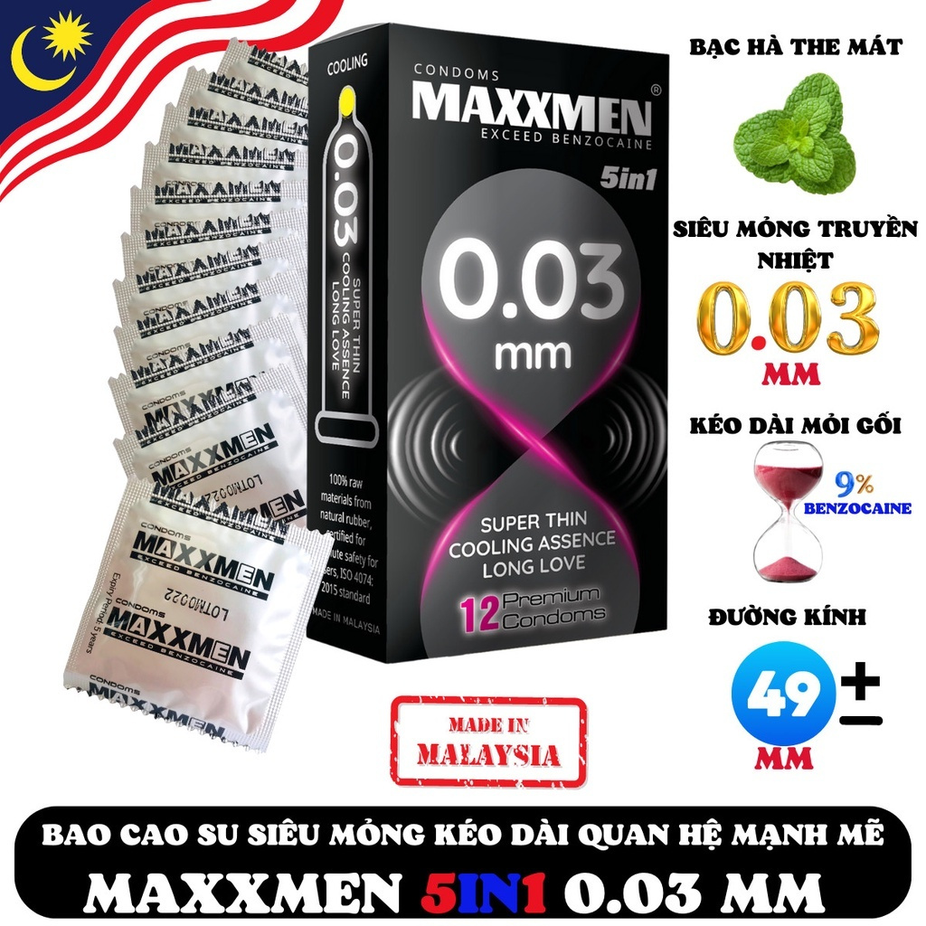 Bao cao su size nhỏ 49mm Maxxmen 003 5in1, bcs siêu mỏng chống xuất tinh sớm kéo dài thời gian quan hệ - Bamboo delay