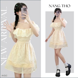 Đầm váy 2 dây be rớt tay phối ren tà voan 4263